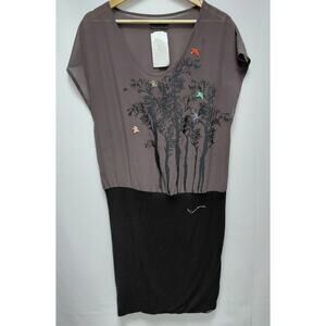 nümph Graphic Print Dress Brown Black Short Sleeve V-Neck Size 40